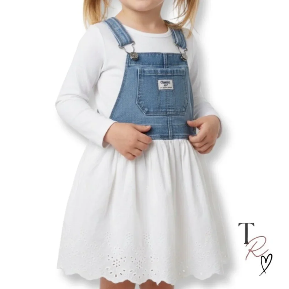 OshKosh B’gosh Denim Pinafore Eyelet Dress Toddler 2T Blue White